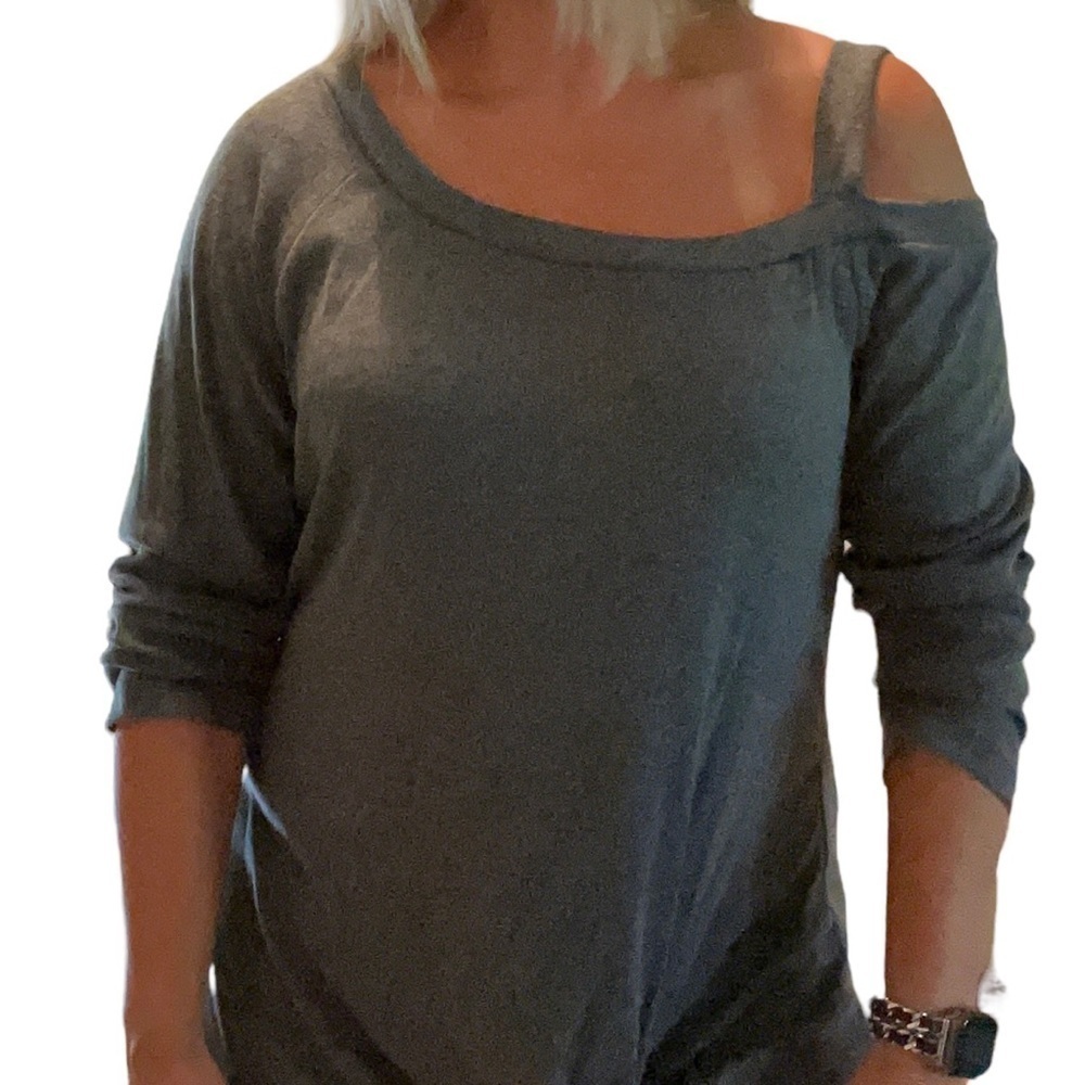 Grey tunic length top with strappy shoulder on one side, medium
